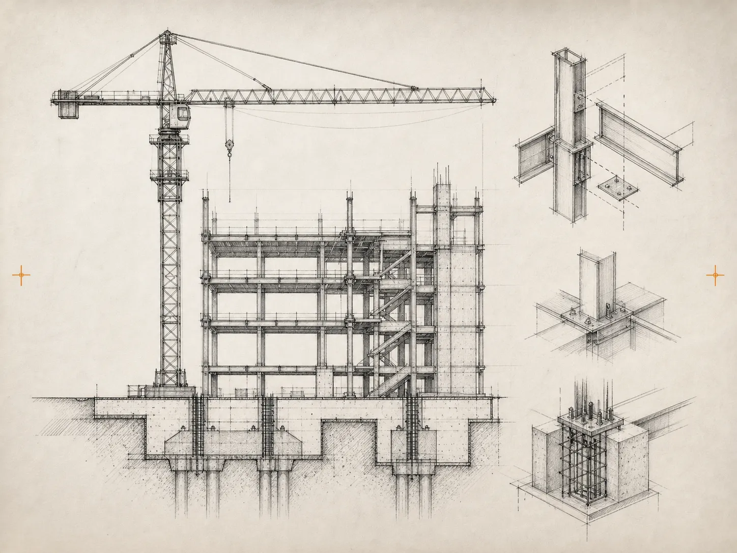 Ilustración técnica de una estructura y una grúa torre