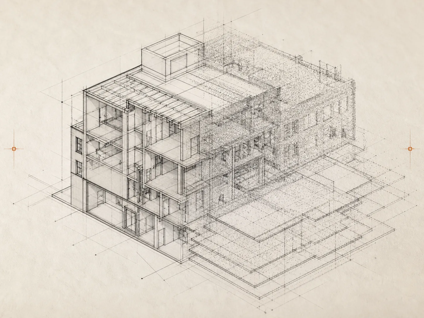 Ilustración técnica de un modelo coordinado y un levantamiento digital