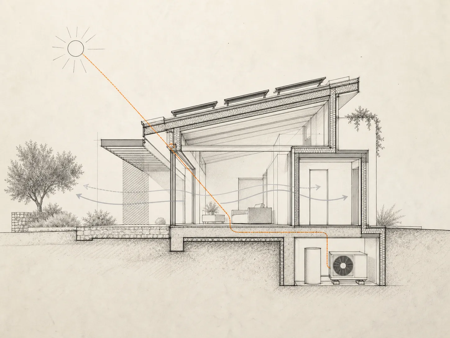 Ilustración técnica de estrategias energéticas en una vivienda