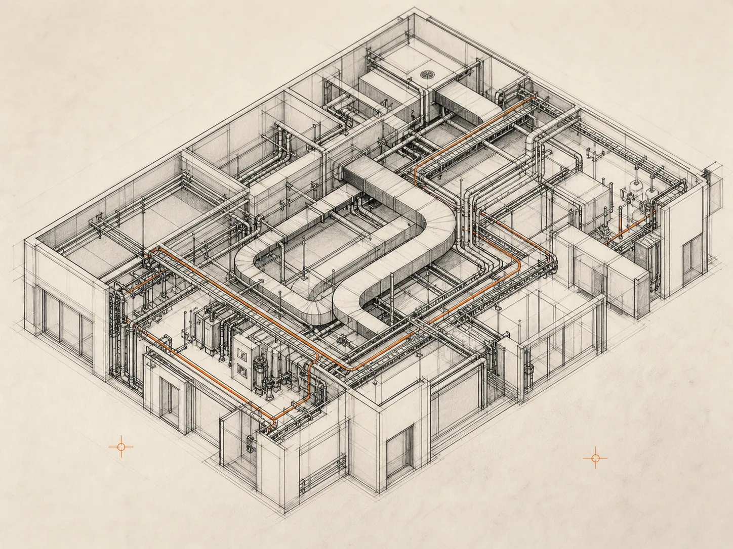 Ilustración técnica de instalaciones coordinadas en un edificio